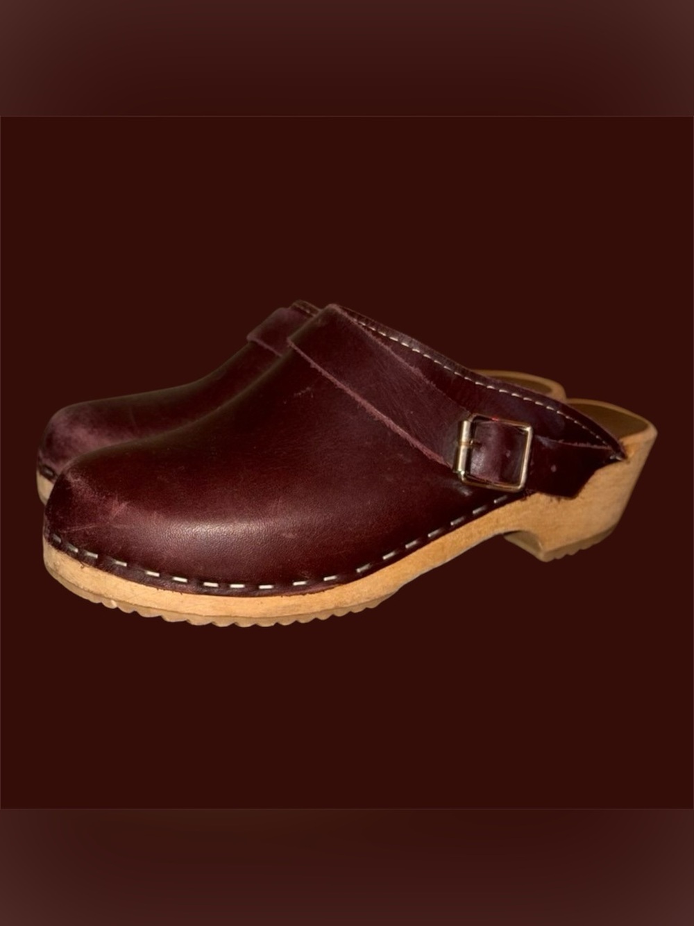 MIA Alma Bordeaux Leather Swedish Wood Slip-On Clogs SIZE 37  US 7 M